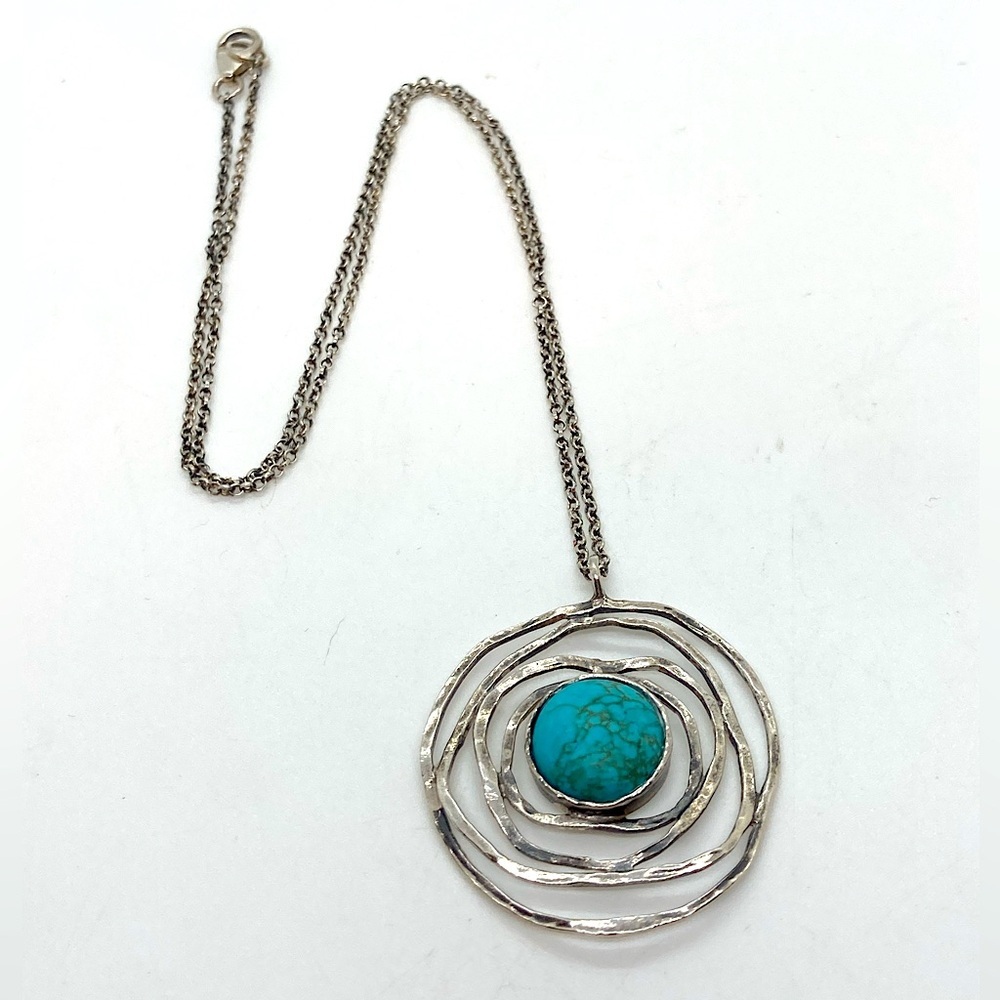 Vtg Sterling & Turquoise Spider Web Affixed Pendant  Necklace | 19” + 1.5” L